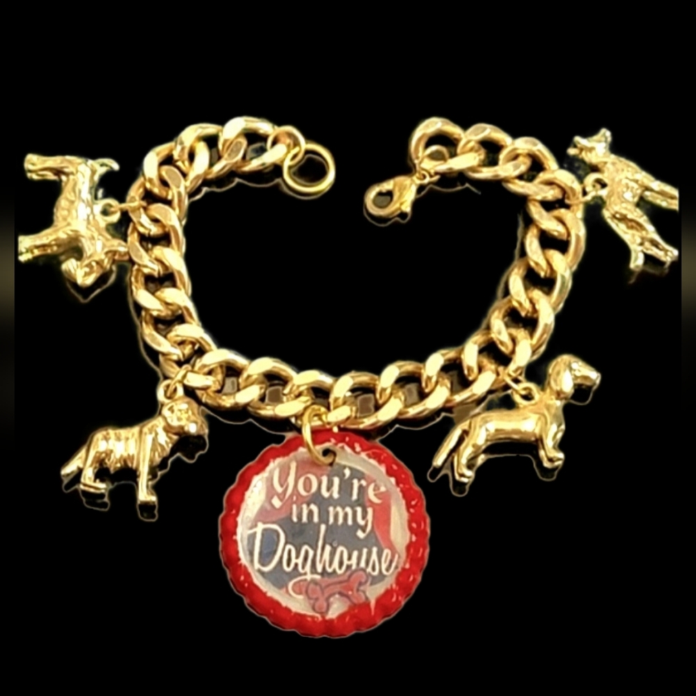 Hand made you're in my doghouse graphic chunky Gold dog charm bracelet NWT